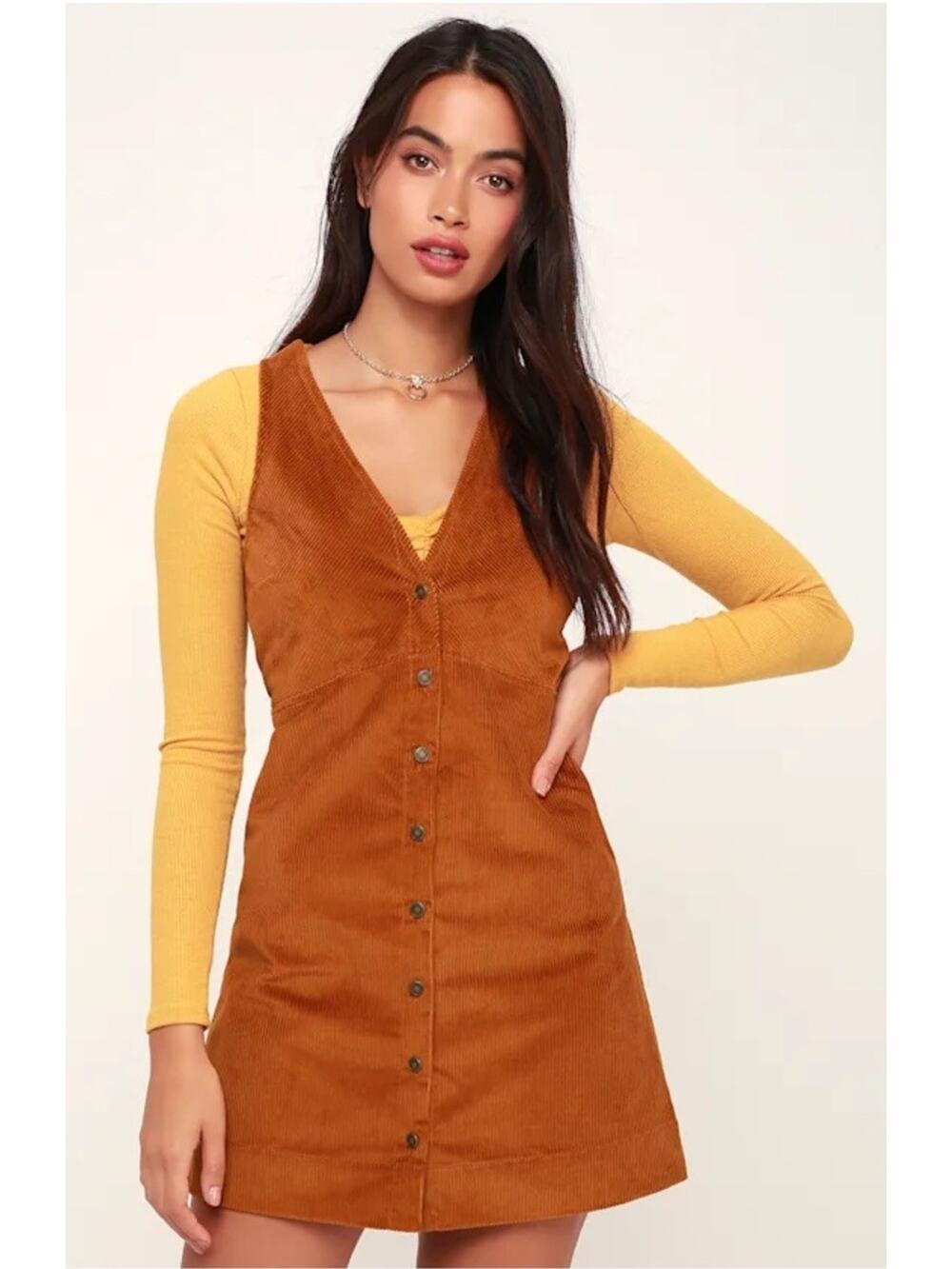 NWT MSRP $128 Free People Rolling Thunder Corduroy Mini Dress Cinnamon Chic XS
